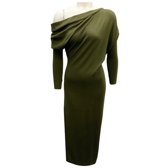 TOM FORD MILITARY GREEN 2021 ONE SHOULDER CASHMERE AND SILK KNIT MIDI DRESS - Picture 1 of 6
